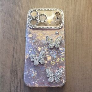 Iridescent Butterfly iPhone 17 Pro Max Case with Rhinestones - Silver Accents
